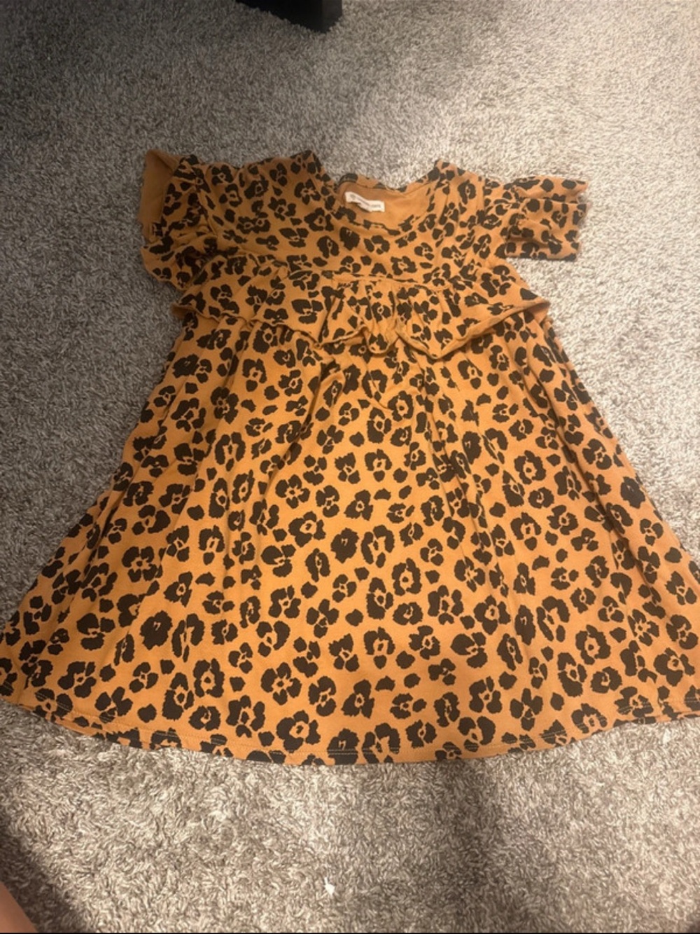 Girls' Mustard Leopard Print Flutter Ruffle Dress